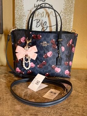COACH Mollie Tote Bag 25 Navy Signature Canvas With Cherry Print CZ772 LIKE NEW